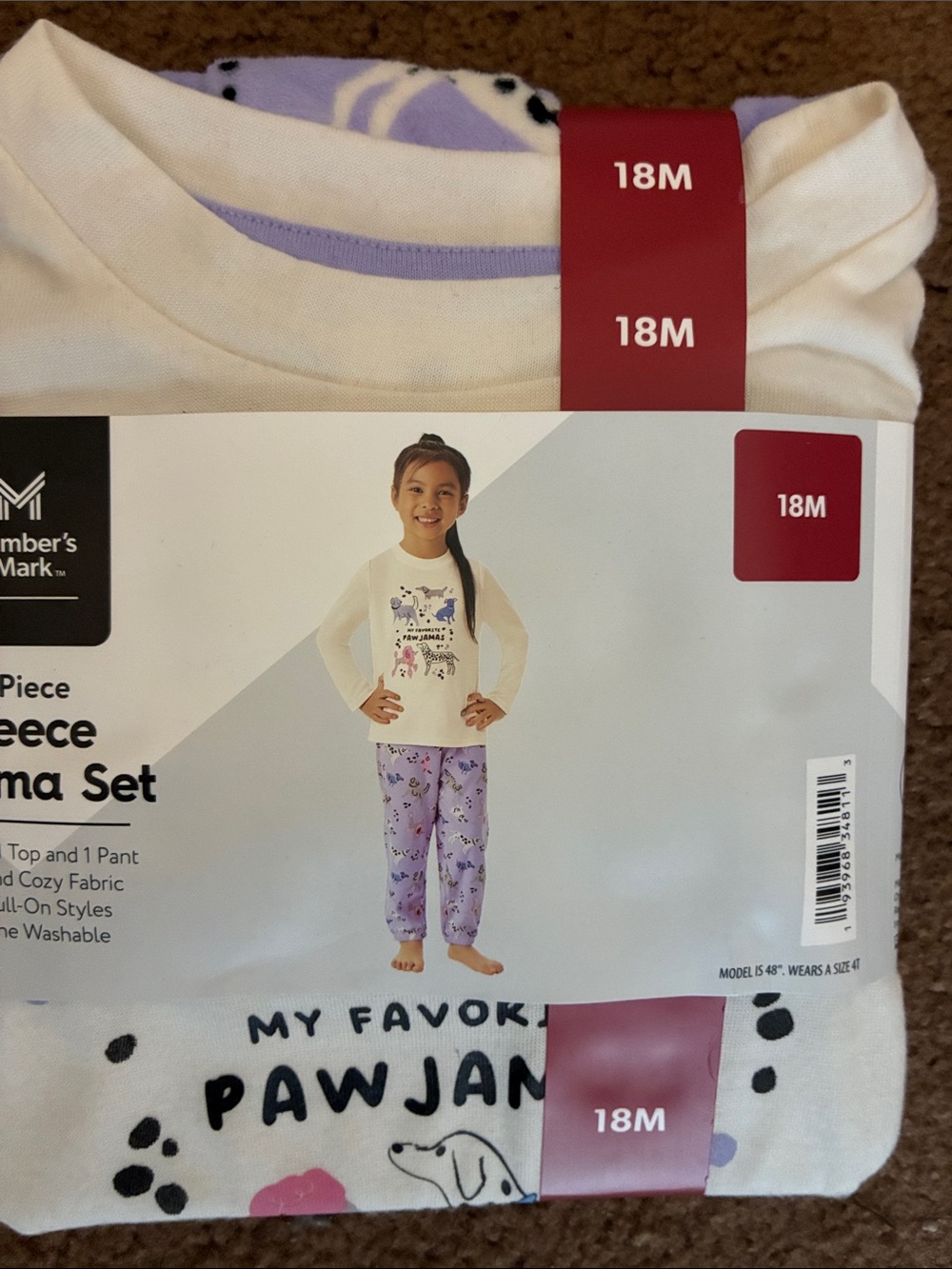 Member's Mark Cream and Lavender Paw Print Fleece Pajama Set - 18M